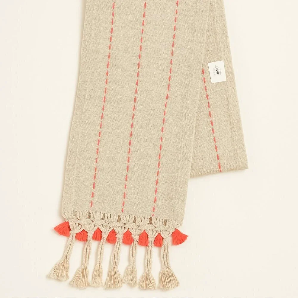 Anthropologie Home Beige & Bright Coral Table Runner 16 x 90 Tassels NEW